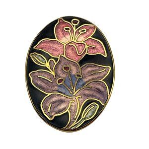 Vtg Fish & Crown Purple & Pink Oval Floral Flower Cloisonne Gold Tone Brooch Pin